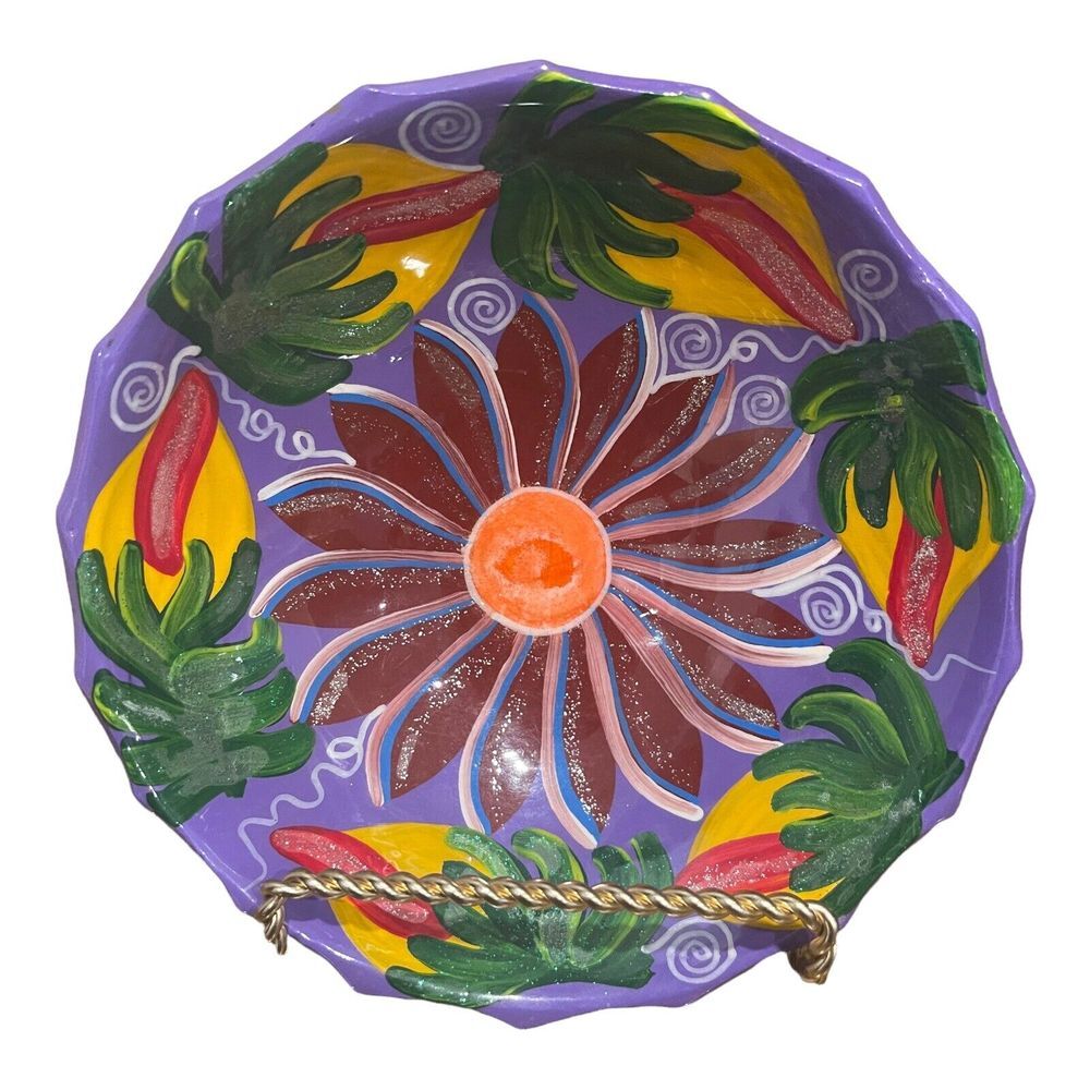 Pottery Bowl Plate Hand Painted Flower Peppers 5.5 Inch Mexican Folk Art Clay